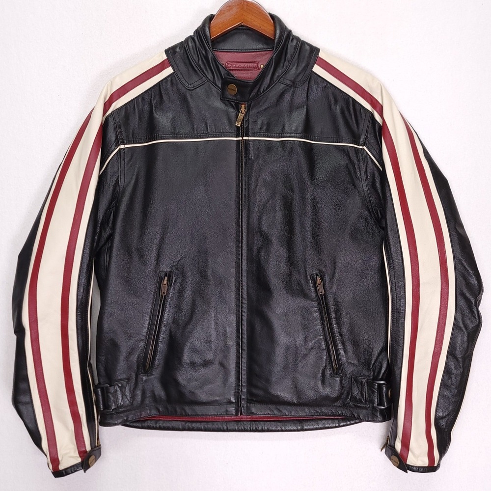 Wilsons Leather Mens Black Genuine Leather Motorcycle Jacket Racing Stripes M